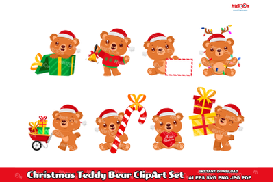 Cute Christmas Teddy Bear ClipArt Set