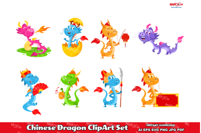 Cute Chinese Dragon Cartoon ClipArt Set