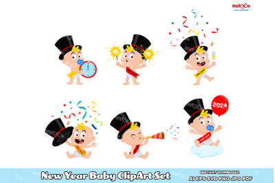 New Year Baby Cartoon ClipArt Set