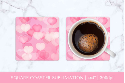 Hearts square coaster sublimation. Pink Valentines coaster