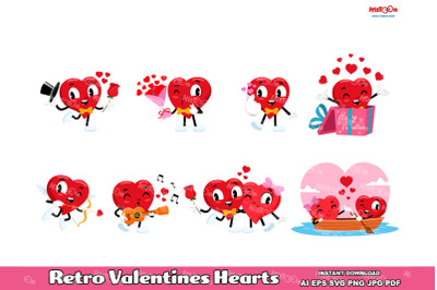 Retro Valentines Hearts Flat Digital Clip Art