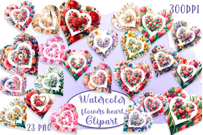 Heart, flowers watercolor clipart. Valentines Day