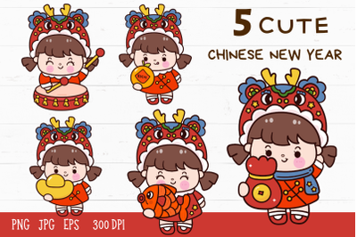 Chinese new year Cute girl: Year of dragon kawaii clipart2