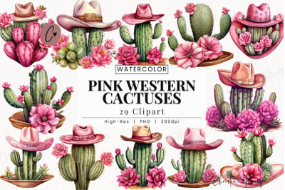 Watercolor Pink Western Cactuses Clipart