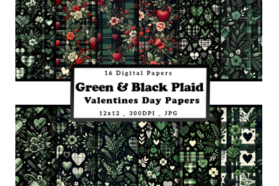 Green &amp; Black Plaid Valentine Day Digital Papers