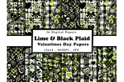 Lime &amp; Black Plaid Valentine Day Digital Papers