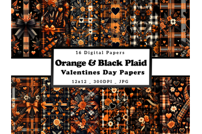 Orange &amp; Black Plaid Valentine Day Digital Papers