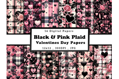 Pink &amp; Black Plaid Valentine&#039;s Day Digital Patterns