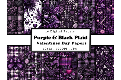 Purple &amp; Black Plaid Valentine&#039;s Day Digital Patterns