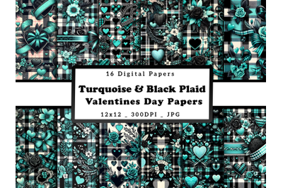 Turquoise &amp; Black Plaid Valentine&#039;s Day Digital Patterns