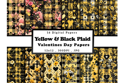Yellow &amp; Black Plaid Valentine&#039;s Day Digital Patterns