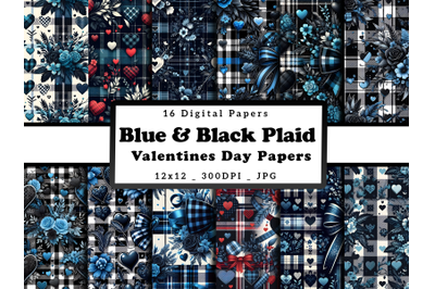 Blue &amp; Black Plaid Valentine Day Digital Papers
