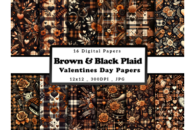 Brown &amp; Black Plaid Valentine Day Digital Papers