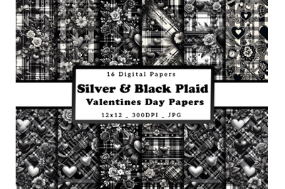 Silver &amp; Black Plaid Valentine&#039;s Day Digital Patterns