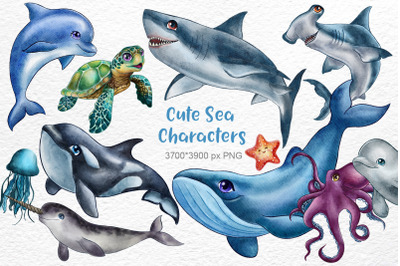 Cute Sea Characters. Watercolor