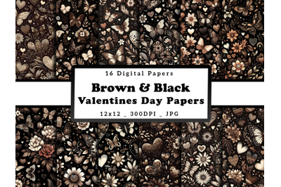 Brown Floral Hearts and Butterflies Valentine&#039;s Day Digital Papers