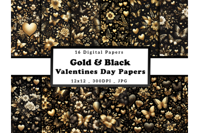 Gold Floral Hearts and Butterflies Valentine&#039;s Day Digital Papers
