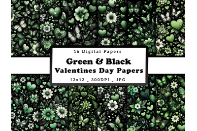 Green Floral Hearts and Butterflies Valentine&#039;s Day Digital Papers
