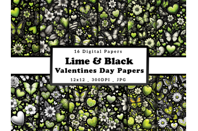 Lime Floral Hearts and Butterflies Valentine&#039;s Day Digital Papers