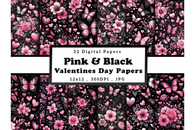 Pink Floral Hearts and Butterflies Valentine&#039;s Day Digital Papers
