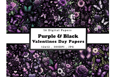 Purple Floral Hearts and Butterflies Valentine&#039;s Day Digital Papers