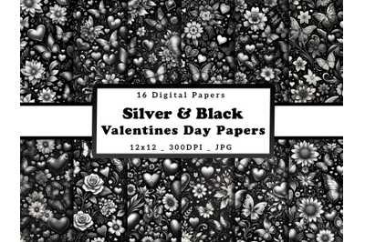 Silver Floral Hearts and Butterflies Valentine&#039;s Day Digital Papers