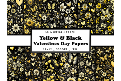 Yellow Floral Hearts and Butterflies Valentine&#039;s Day Digital Papers