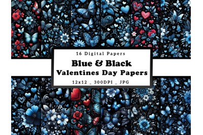 Blue Floral Hearts and Butterflies Valentine&#039;s Day Digital Papers
