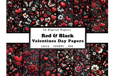 Red Floral Hearts and Butterflies Valentine&#039;s Day Digital Papers