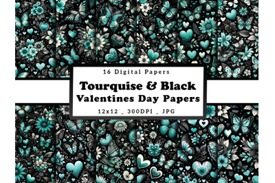 Turquoise Floral Hearts and Butterflies Valentine&#039;s Day Digital Papers