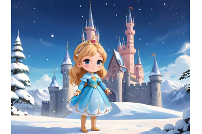 Cute princess in the snow, standing in front of a magic castle