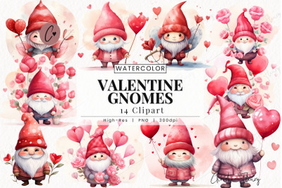 Watercolor Valentine Gnomes Clipart