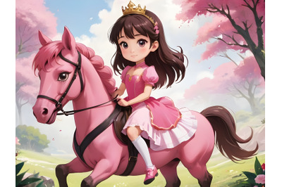 Beautiful princess with pink dress riding horse