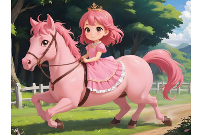 Beautiful princess with pink dress riding horse