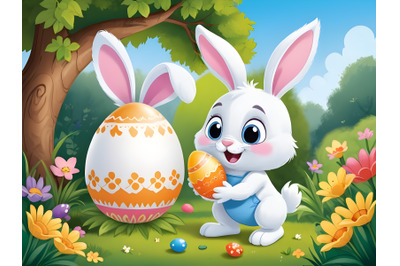 Bunny cartoon painting an egg