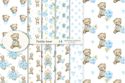 Teddy bear Baby boy Digital Paper Baby shower Seamless Patterns