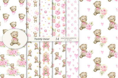 Teddy bear Baby girl Digital Paper Baby shower Seamless Patterns