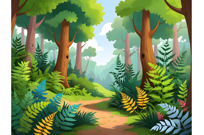 Magic forest landscape with trees and ferns