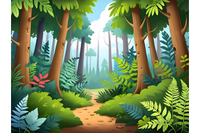 Magic forest landscape with trees and ferns