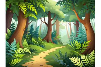 Magic forest landscape with trees and ferns1