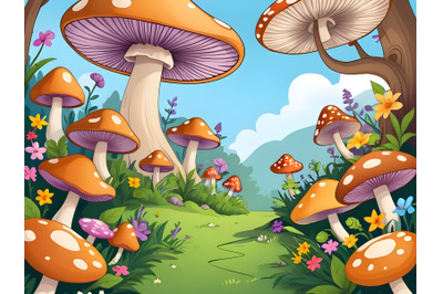 Magic landscape with mushrooms and flowers