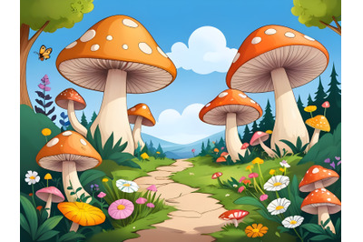 Magic landscape with mushrooms and flowers