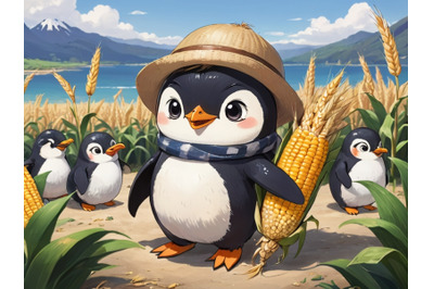 Penguin farmer holds corn and wheat