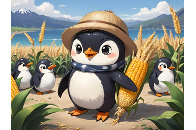 Penguin farmer holds corn and wheat