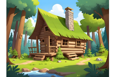 Rural Cartoon Forest Cabin