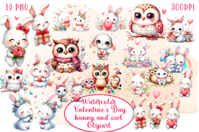 Watercolor cute baby bunny and owl clipart, valentines day