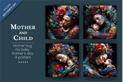 Colorful posters of mother and child. Psychedelic.