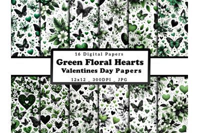 Green Floral Hearts and Butterflies Valentine&#039;s Day Papers