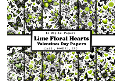 Lime Floral Hearts and Butterflies Valentine&#039;s Day Papers