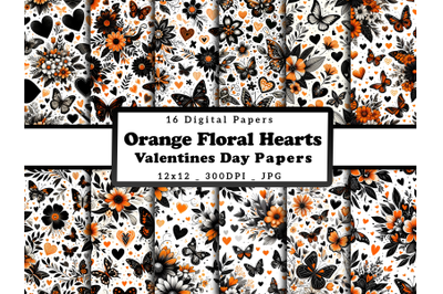 Orange Floral Hearts and Butterflies Valentine&#039;s Day Papers